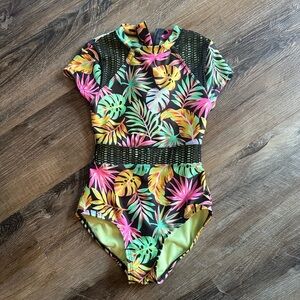 Art Class Multicolor Tropical Print Kids One Piece Swimsuit